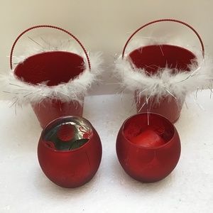 Set of 2 Votive Holders & 2 Candy Red Buckets Trimmed in Santa white Christmas